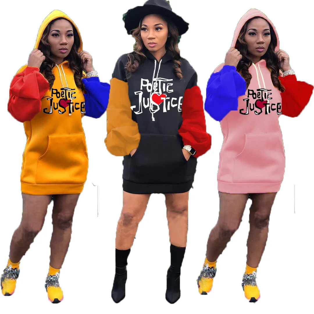 

2020 Fashion fall clothing embroidery contrast color pockets pullover casual hoodies women puff long sleeve hoodies dress, Customized color