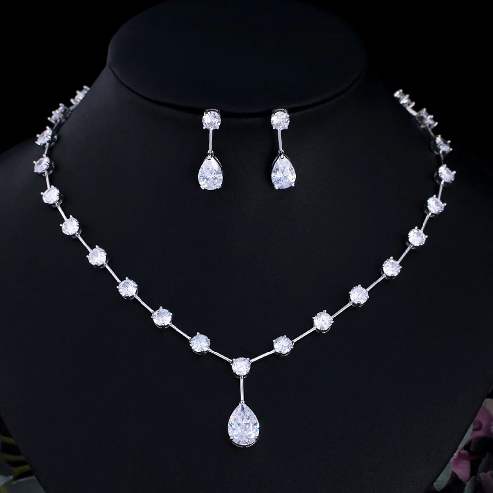 Sparkling White Cubic Zirconia Crystal Necklace and Earrings Big Chunky Water Drop Bridal Jewelry Set for Women Wedding