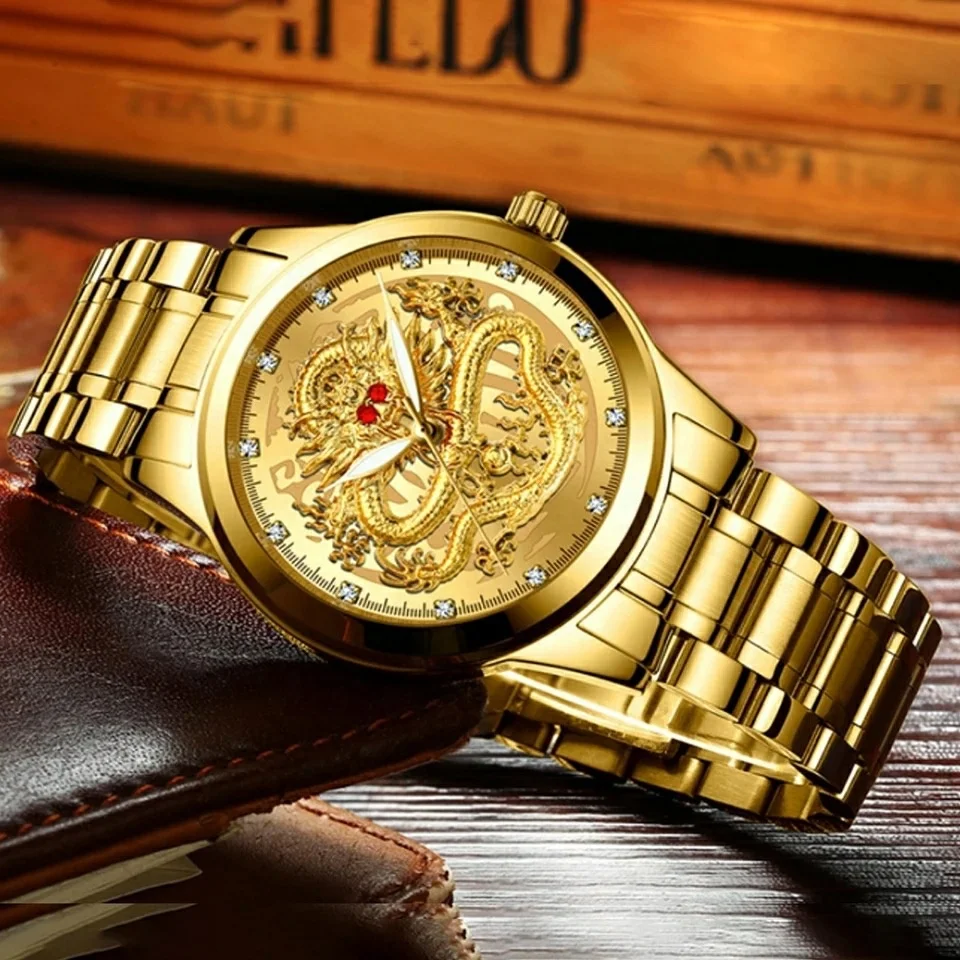 

Luxury Hollow Quartz Wristwatch Gold Dragon Watch Men Stainless Steel Top Brand Men's Watches Relogio Masculino