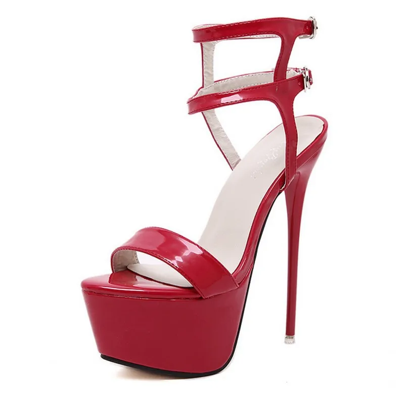 

Summer ankle one-button buckle patent leather high heel platform sandals large plus