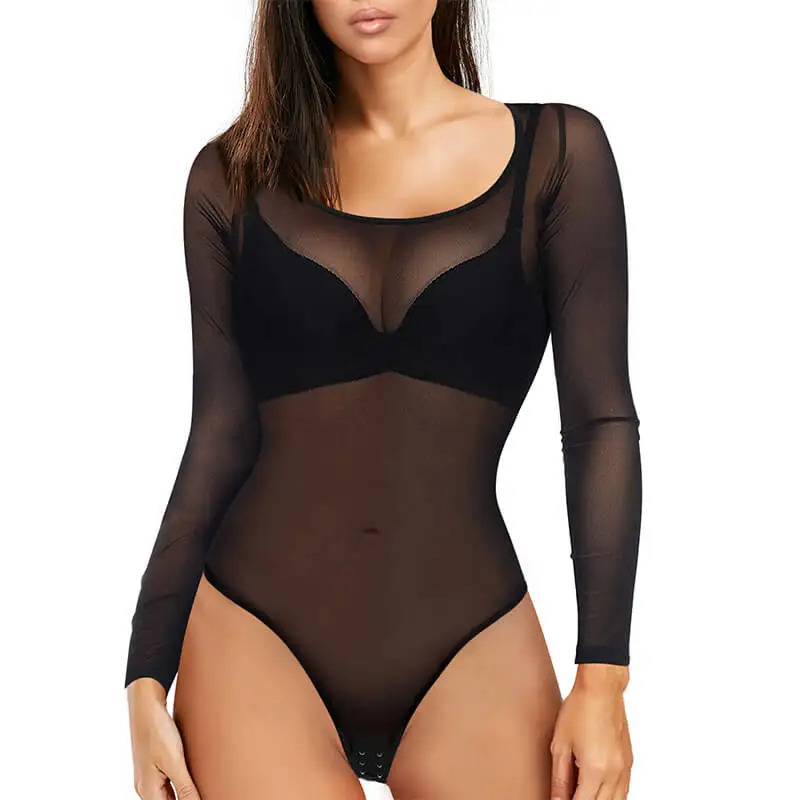 

Women Sexy Long Sleeve Bodysuit Jumpsuit Scoop Tops Breathable Mesh Leotard Stretchy Body Shaper