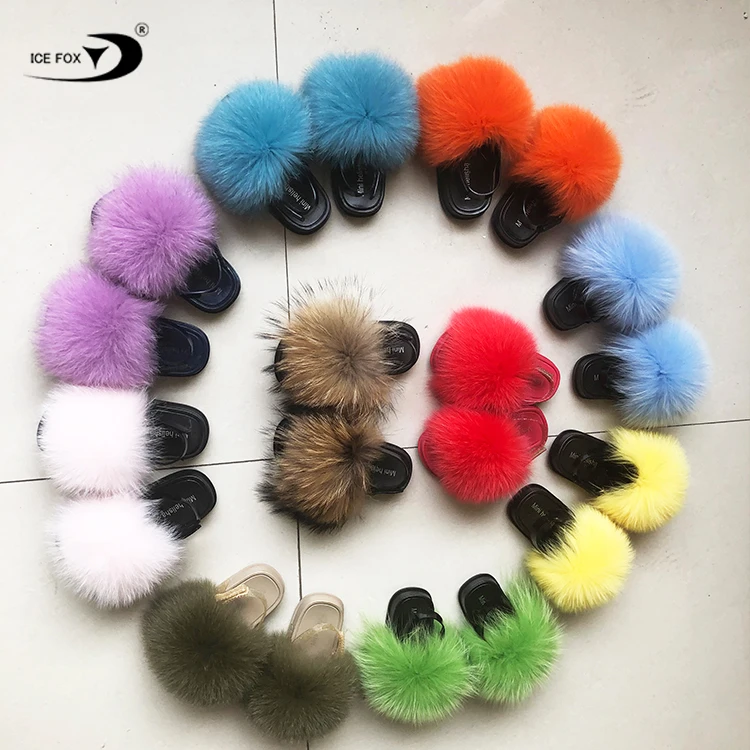 

Custom Logo Indoor Summer Kids Fur Slippers Children Rainbow Shoes Girls Fur Sandals, Customized color
