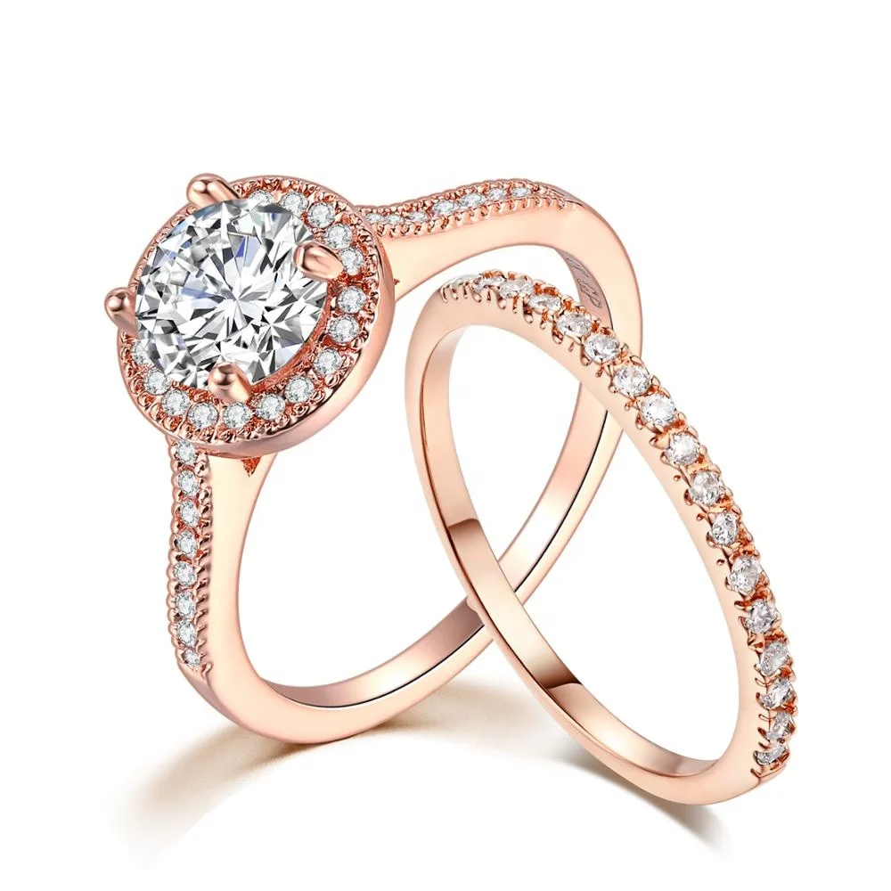 

Luxury Prong Setting Round Cut CZ Stone 2pcs Bridal Band Set Rose Gold Wedding Ring Set for Women SR781, Silver/rose gold