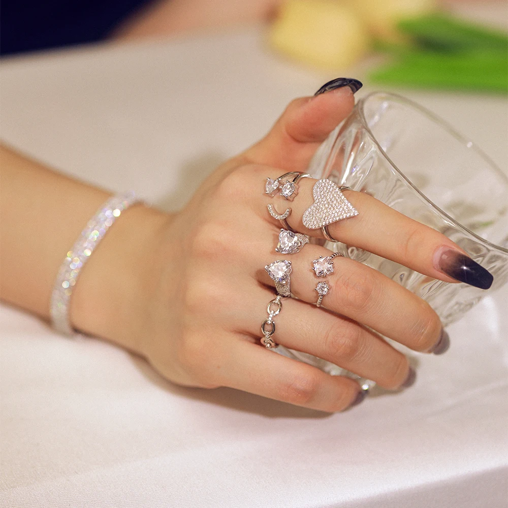 

Dylam Instagram Trendy Heart Smile Shaped Open 925 Sterling Silver Diamond 5A Zircon Adjustable Engagement Wedding Rings