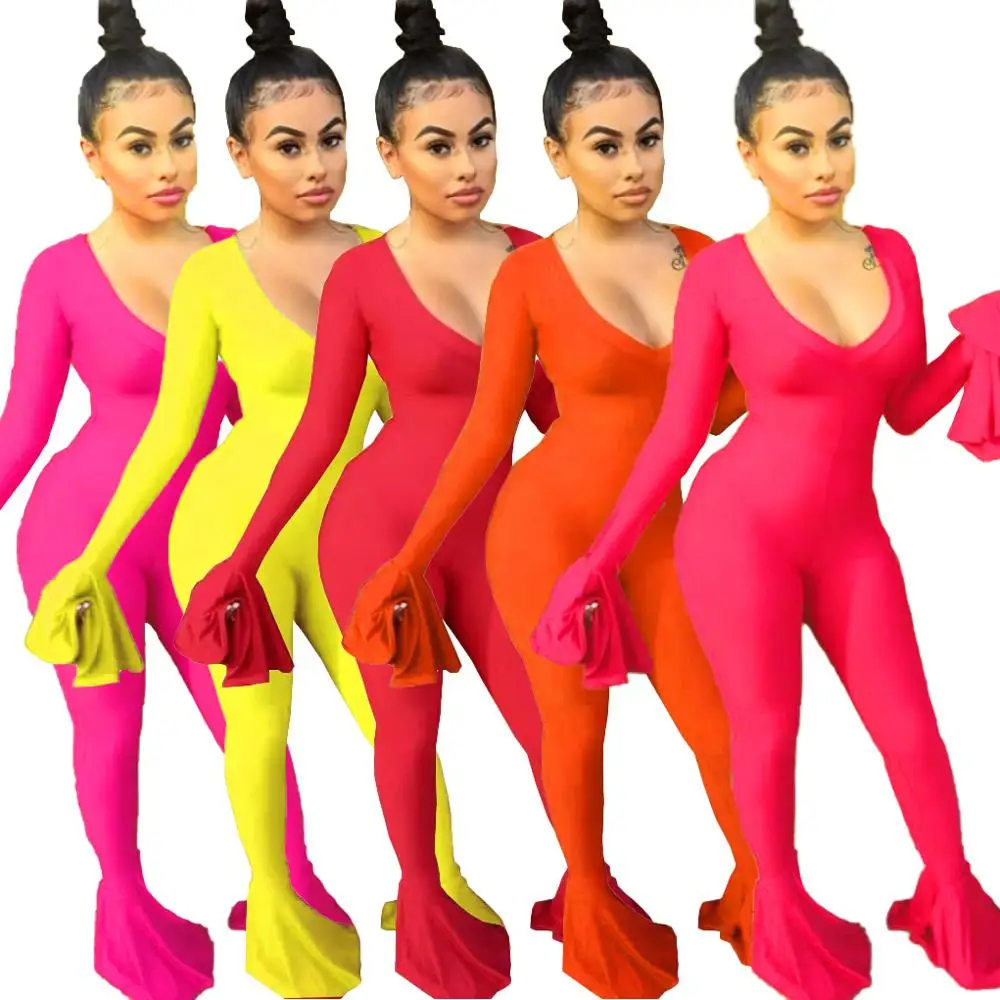 

Solid Color One Piece Bodycon Jumpsuit Outfit with Long Pant Wholesale Woman Ruffle Sleeve Sexy High Waist Skinny Sexy & Club