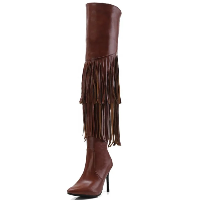 

Size 43 Women Long Boots Ladies OverKnee High Heel Stiletto Boots Sexy Tassels 9cm Thin Heels Thigh High PU Boots, Black brown