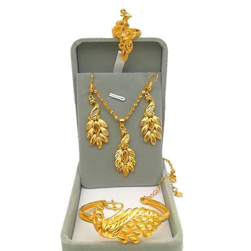 

Vietnamese Peacock Necklace Set Phoenix Bracelet national eardrop Wedding Jewelry, 24k