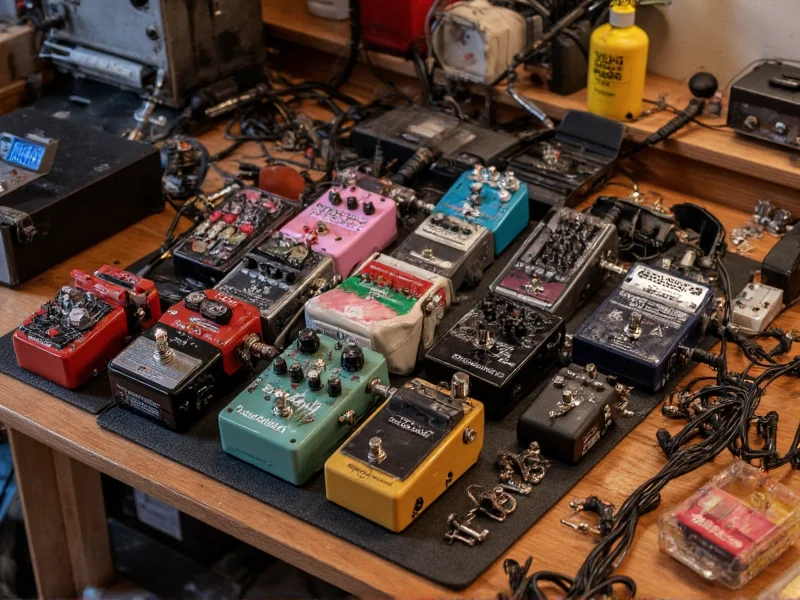 Multiple DIY guitar pedals arranged on workbench