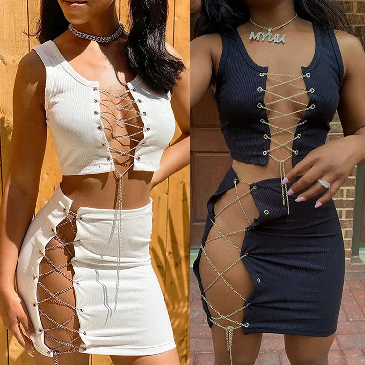 

Women's new sexy hollow chain straps umbilical vest short skirt casual skirt two piece short skirt