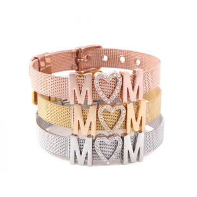 

Artilady Fashion Stainless Steel Mesh Mom Heart Slide Crystal Charms Keeper Bracelets Bangles For Woman Men Jewelry