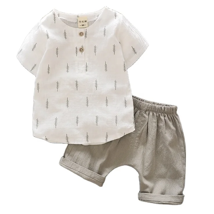 

2020 summer new children's clothing boys cotton and linen short-sleeved baby shirt suit infant children summer two-piece