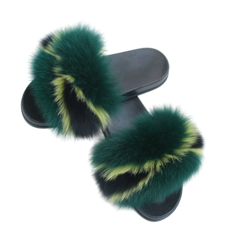 

2020 Summer Fox Fur Slides Cute Plush Fox Slippers 100% Real Fox Hair Luxury Fashion Beach Flat Sandals Ladies Big Fur Slides