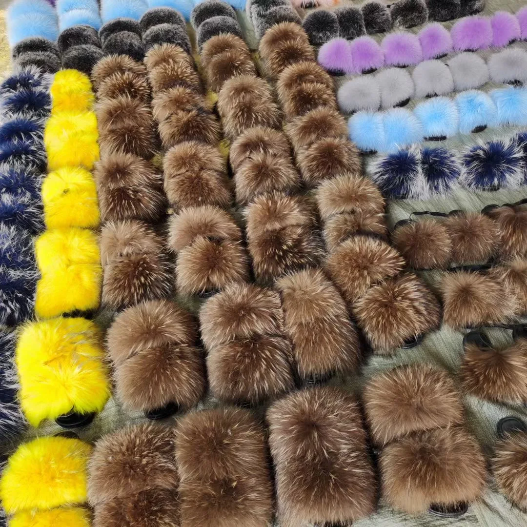 

New styles mixed-color fluffy fox fur slides slippers for women, Customized color
