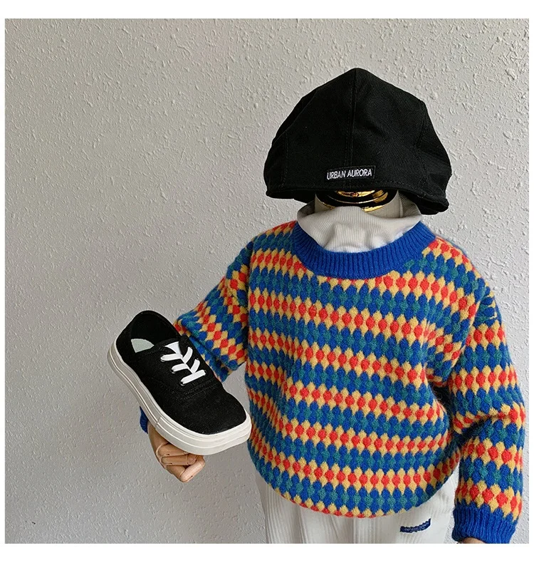 

Fall boys and girls contrast sweater Baby striped crew neck sweater