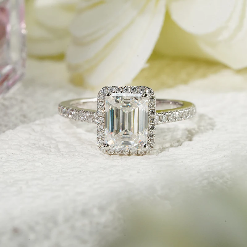 Starsgem S925 Sterling Silver 2.0ct Emerald Cut DEF VVS Moissanite Halo Style Engagement Rings