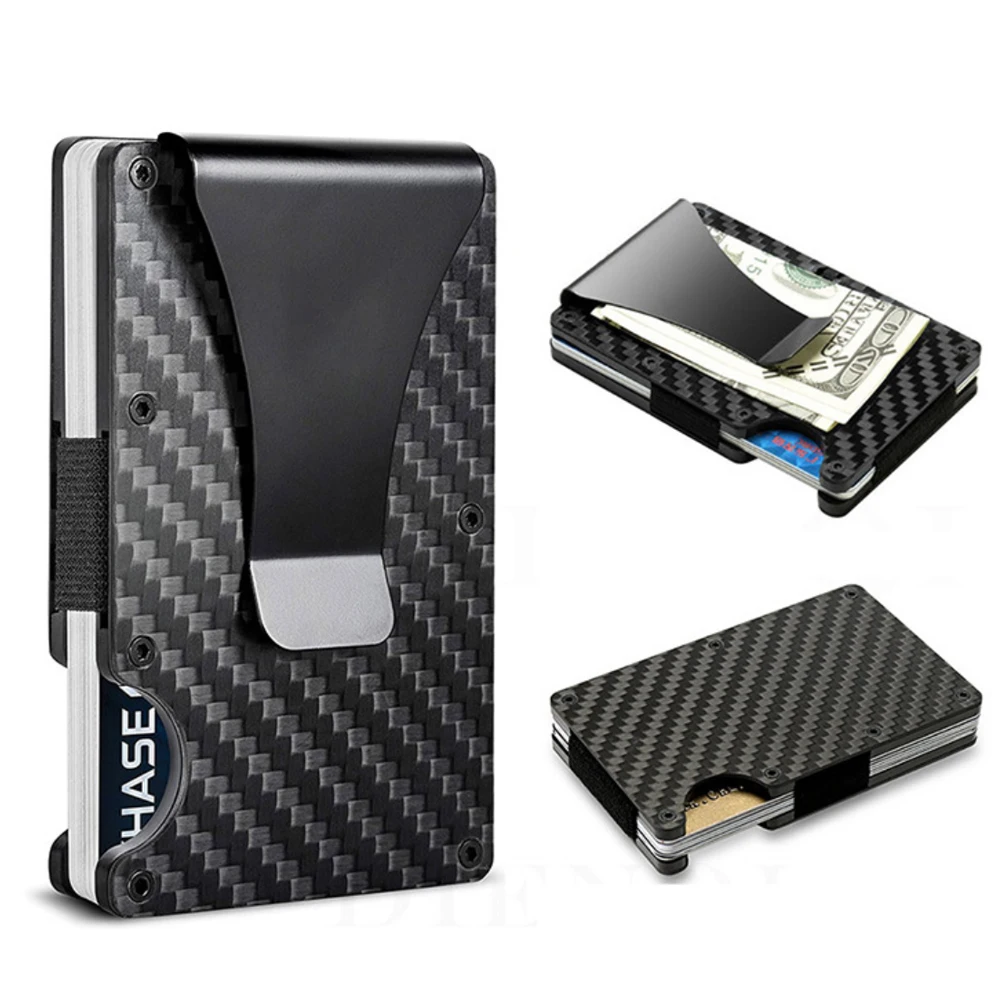 

2023 Anti Rfid Real Carbon Fiber Slimest Credit Card Holder Wallet with Money Clip for Men Women