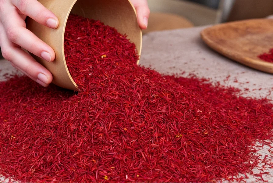 Scientific comparison of authentic saffron versus counterfeit saffron: side-by-side images showing thread structure, water diffusion test results, and microscopic views