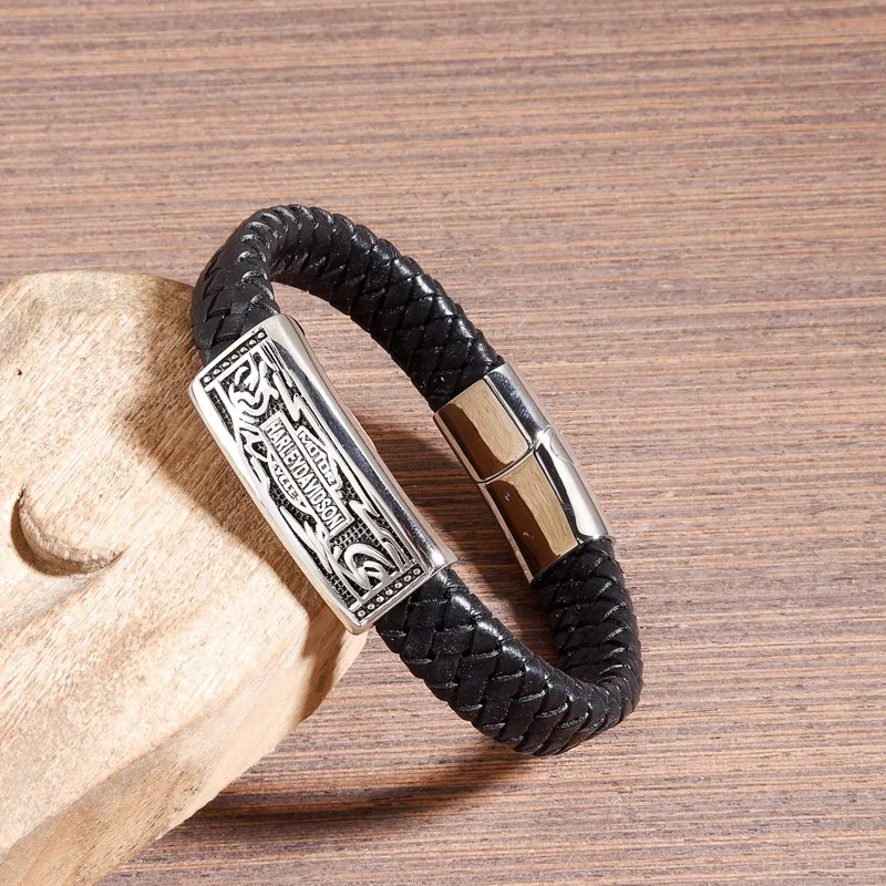 Personality Pulseras De Hombre Men's Leather Woven Bracelet Stainless Steel Jewelry Men's Leather Biker Bracelet