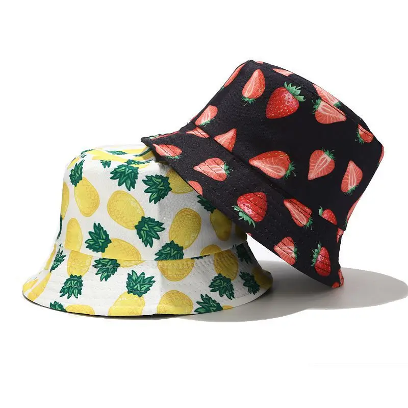 

INSTOCK wholesale custom character double plant banana leaf pineapple summer tropical fruit print bucket hat gorras-al-por-mayo