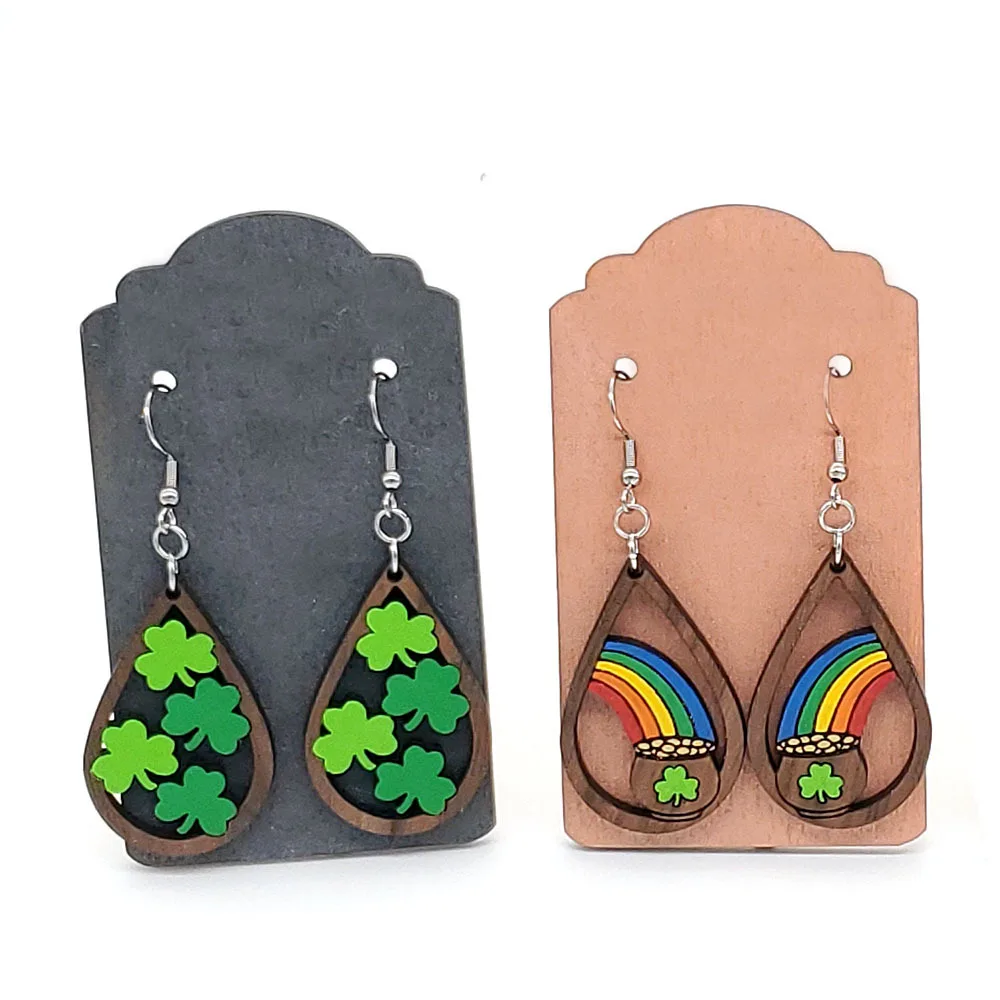 

St. Patrick's Day Irish Shamrock Wooden Dangle Earrings Dainty Green Leaf Wood Earrings for Women Fashion Jewelry Earrings