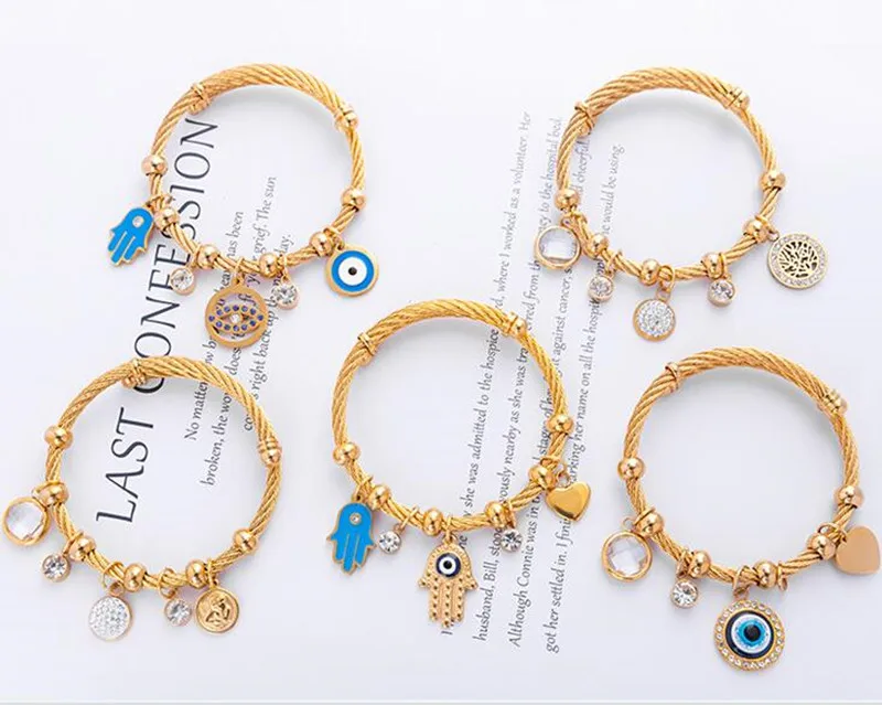 

Fashion Women Adjustable Evil Blue Eye Bracelet 18K Gold Plated Stainless Steel Charm Bracelets Jewelry