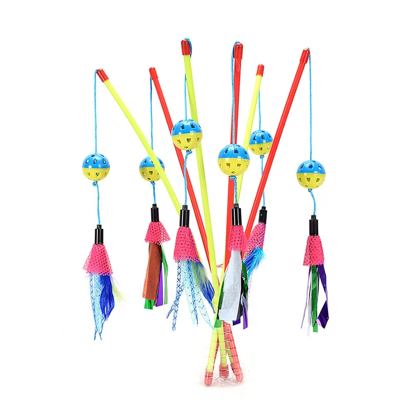 

Plastic pet cat stick teaser toy with feather bells for playing