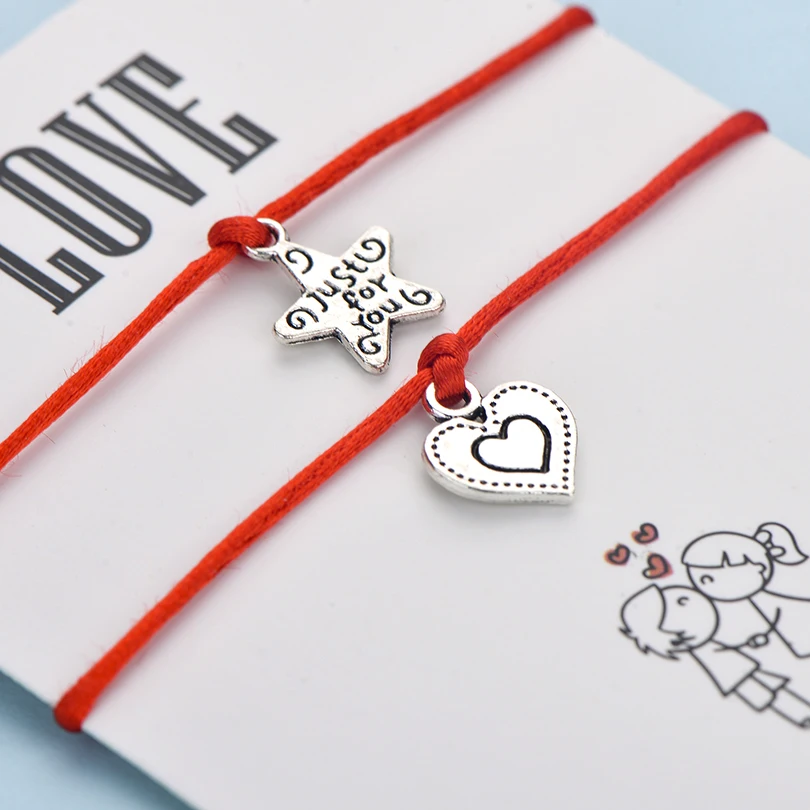 

2pcs/Set Love Star Heart Charm Bracelets For Women Men Lover Black & Red Rope Braided Couple Bracelet Friendship Jewelry