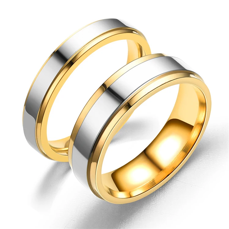 

High Quality 6mm 4mm Simple Design Electroplate Couple Titanium Steel Ring, Gold