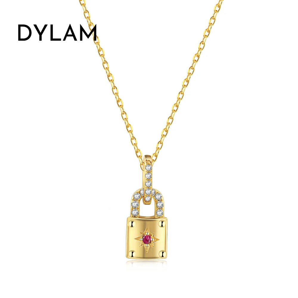Dylam New Arrival Trendy 18k Gold Rhodium Plated Sterling Silver Zircon Necklace Lock Pendant Dainty Charm Necklace