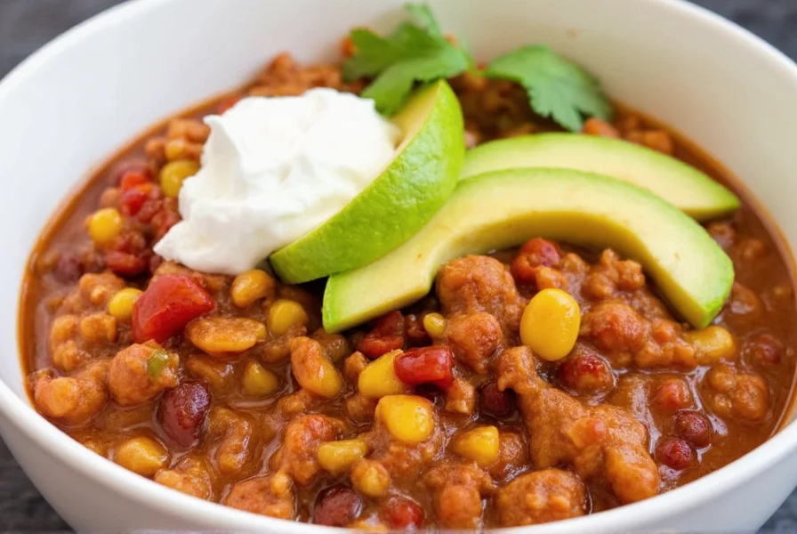 Finished southwest chicken chili served in bowl with toppings including avocado and sour cream