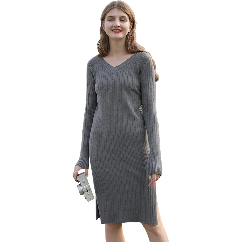 

Wholesale Ladies Fashion V Neck Solid Color Split Dress Long Sleeve Casual Dresses Women, 4 colors
