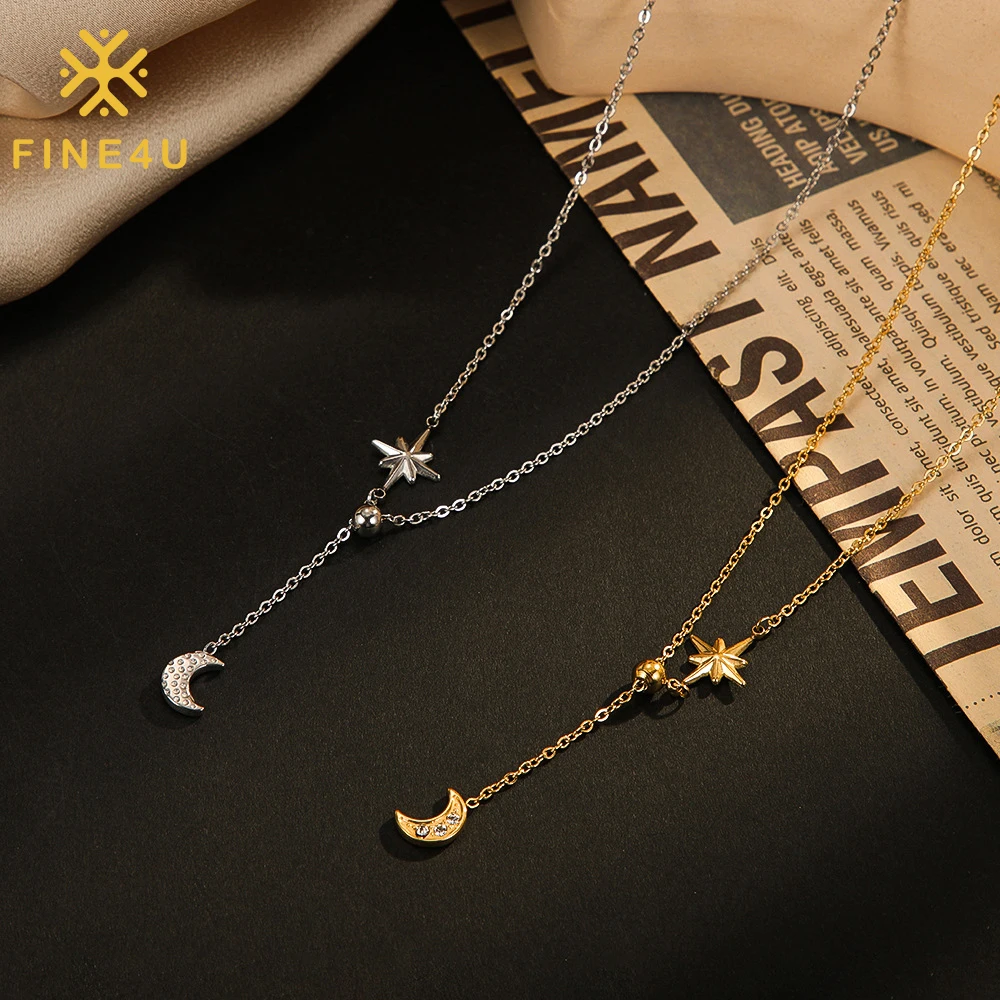 

Women Fashion Waterproof Jewelry 14K Gold Plated Long Stainless Steel Moon And Stars Necklace