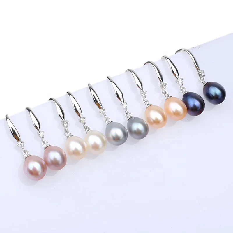 

Simple cz silver 925 multi color 8-9mm genuine fresh water AAAA high quality pearl earring