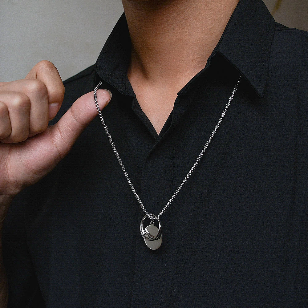 

Men's Cool Bungee Hip Hop Ring Necklace Ins Harajuku Style Trendy Stainless Steel Pendant Chains, Silver