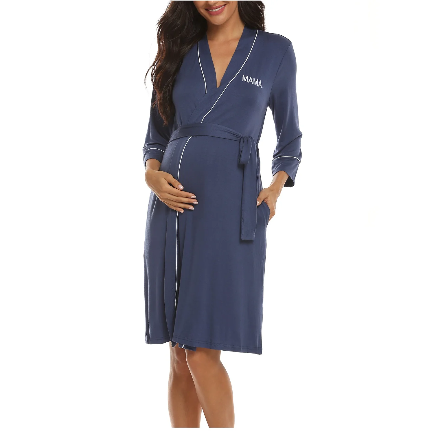 

NewBrand Design Maternity Nursing Robe Pajamas with Tie for Pregnant Women, Black/grey