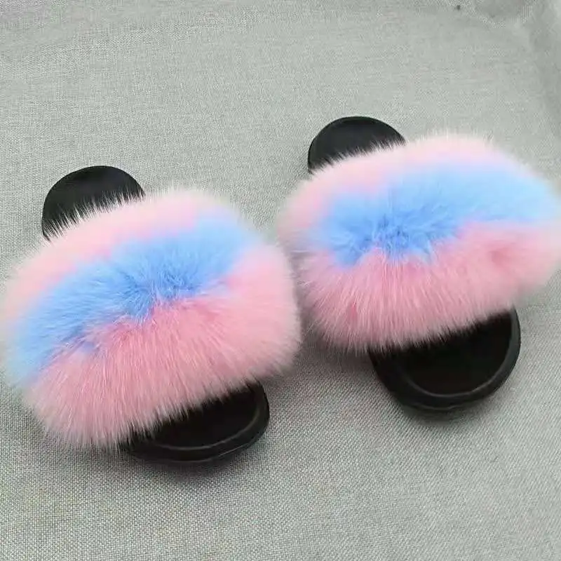 

Custom Fur Slippers Plush Wholesale Fox Fur Slippers Women Fox Furry Fluffy Sandals Slippers Fur Slides, Customized color