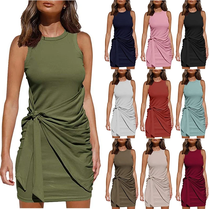 

Amazon Shopify Hot Plus Size Casual Woman Dress Short Sleeve Solid Bodycon Ruched Wrap Bow Knotted Front T-shirt Dresses, Multi colors