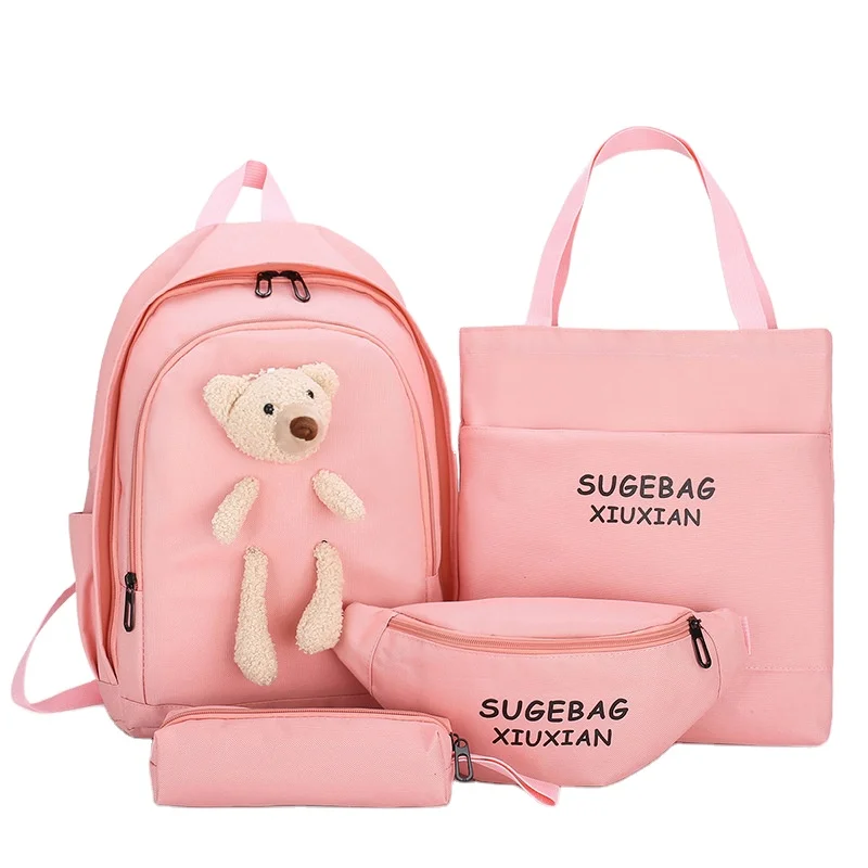 

2021 Animal Printing 4 Pieces Princess Style Canvas Bookbags Middle School Backpack School Bag Set for Teen Girls, More than 4 colors or customized