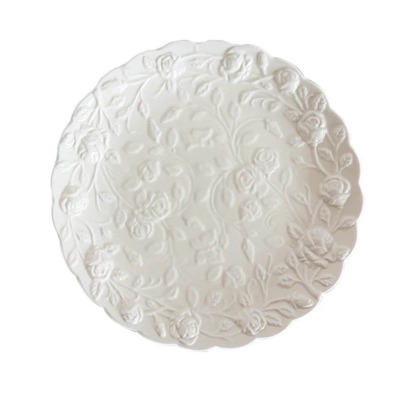

Fancy Ivory White Ceramic Dinner Plate Embossed Rose Stoneware Dish Set For Kitchen Banquet