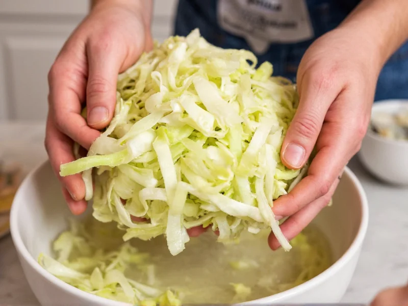 Hands massaging shredded cabbage in ceramic bowl creating natural brine