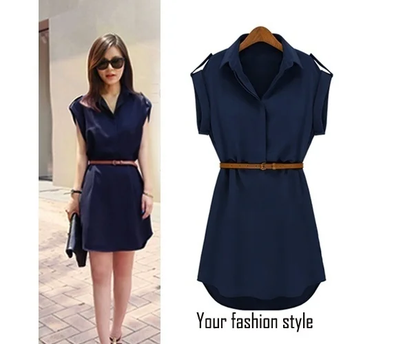 

New Fashion Women's Short Sleeve Stretch Chiffon Casual Shirt Mini Dress with Belt