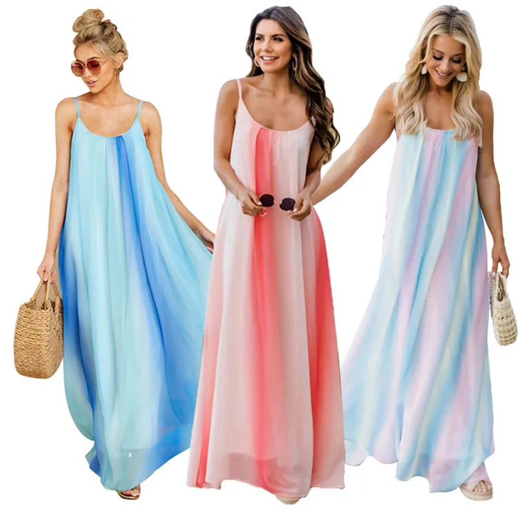 

2021 Fashion Casual Beach Gradient Color Chiffon Sexy Braces Women Beach Dress Girls Short Dresses