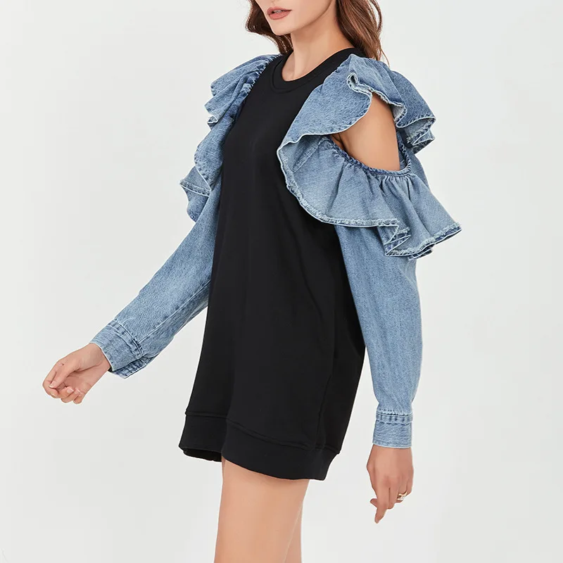 

2021 spring new women's fashion temperament casual round neck denim stitching strapless ruffled blouse sweater, Photo color
