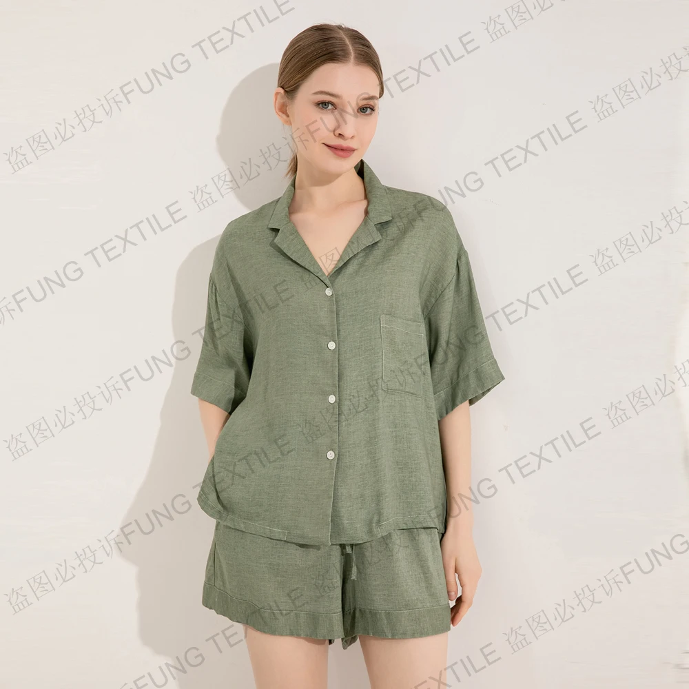 FUNG 6052 Wholesale Women Linen Blend Short Pajama Set Short Sleeve Shorts Soft Girls Loungewear
