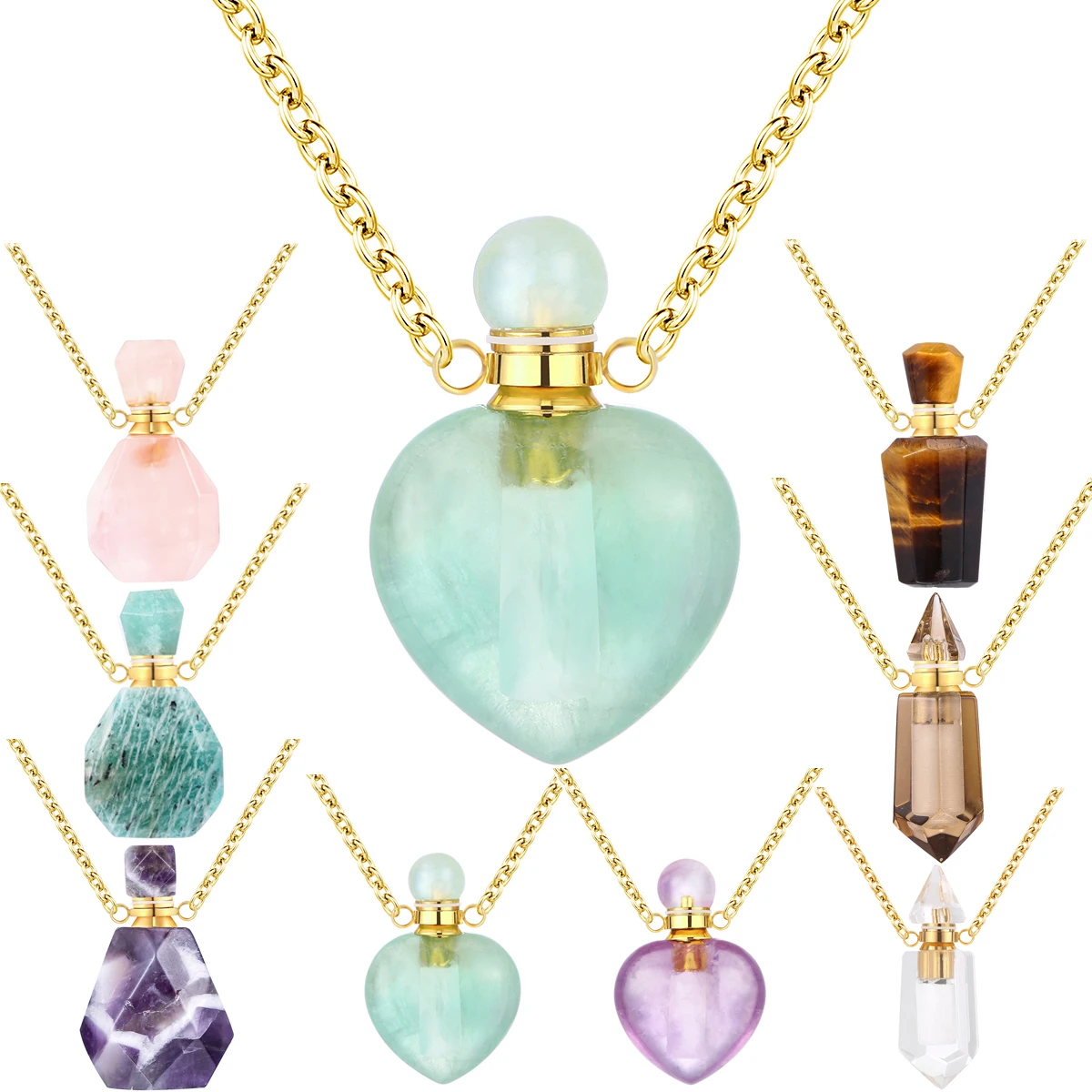 

green heart gemstone roller wholesale roll necklace rotatable slab magnetic designed small bottle for oil diffuser pendant, Different color is available