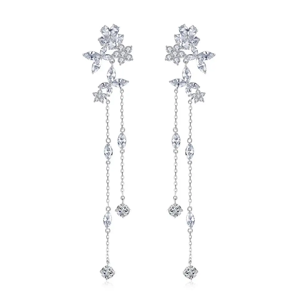 

LUOTEEMI Delicate Fairy Flower Long Thing Chain Drop Dangle Earrings for Girl Bridal Wedding Dating with AAA CZ Jewelry Gifts