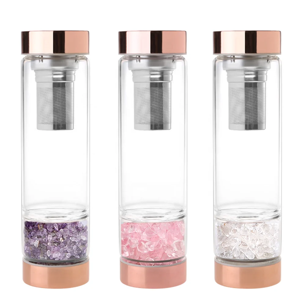 

Steel Tea Strainer Rose Quartz Crystal Elixir Infused Gem Glass Drink Water Bottle With Custom Logo, Rose gold
