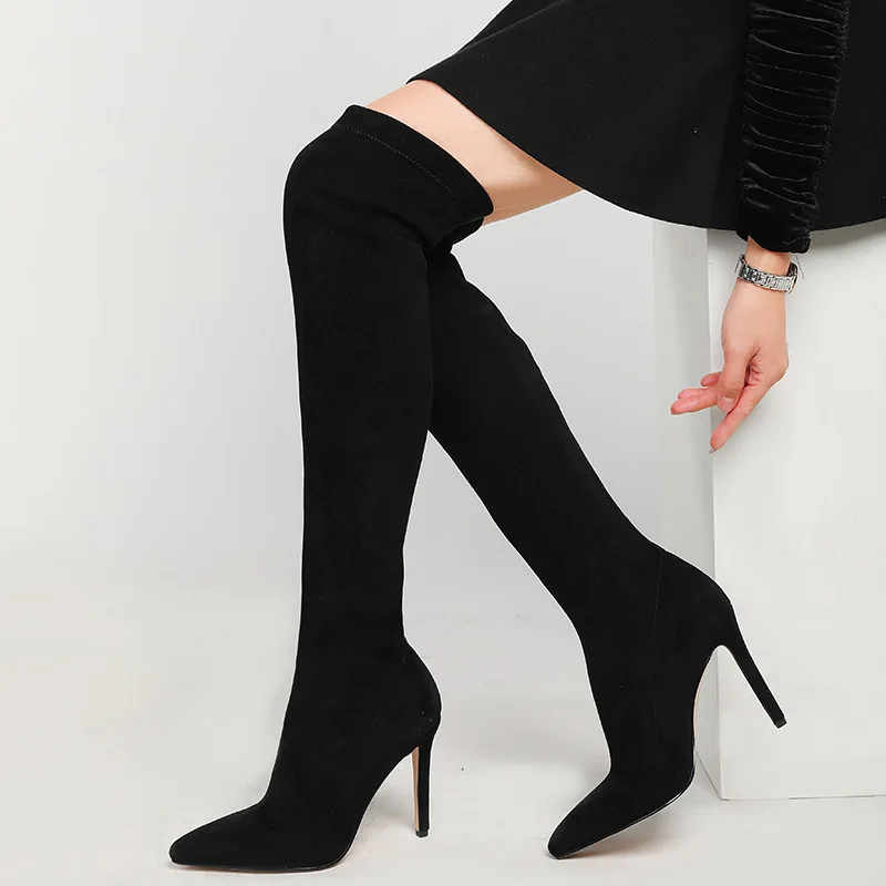

2021 autumn winter women new stiletto boots knee length high heel pointed elastic designer boots women, Black