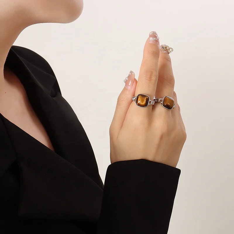 

Hot Selling New Retro Natural Stone Geometric Open Ring Jewelry Wholesale