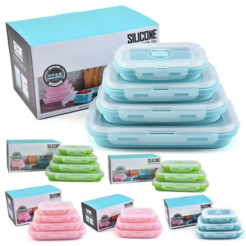

Four Different Sizes Portable Collapsible Food Storage Containers Folding Crisper Microwave Safe silicone lunch box, Customized
